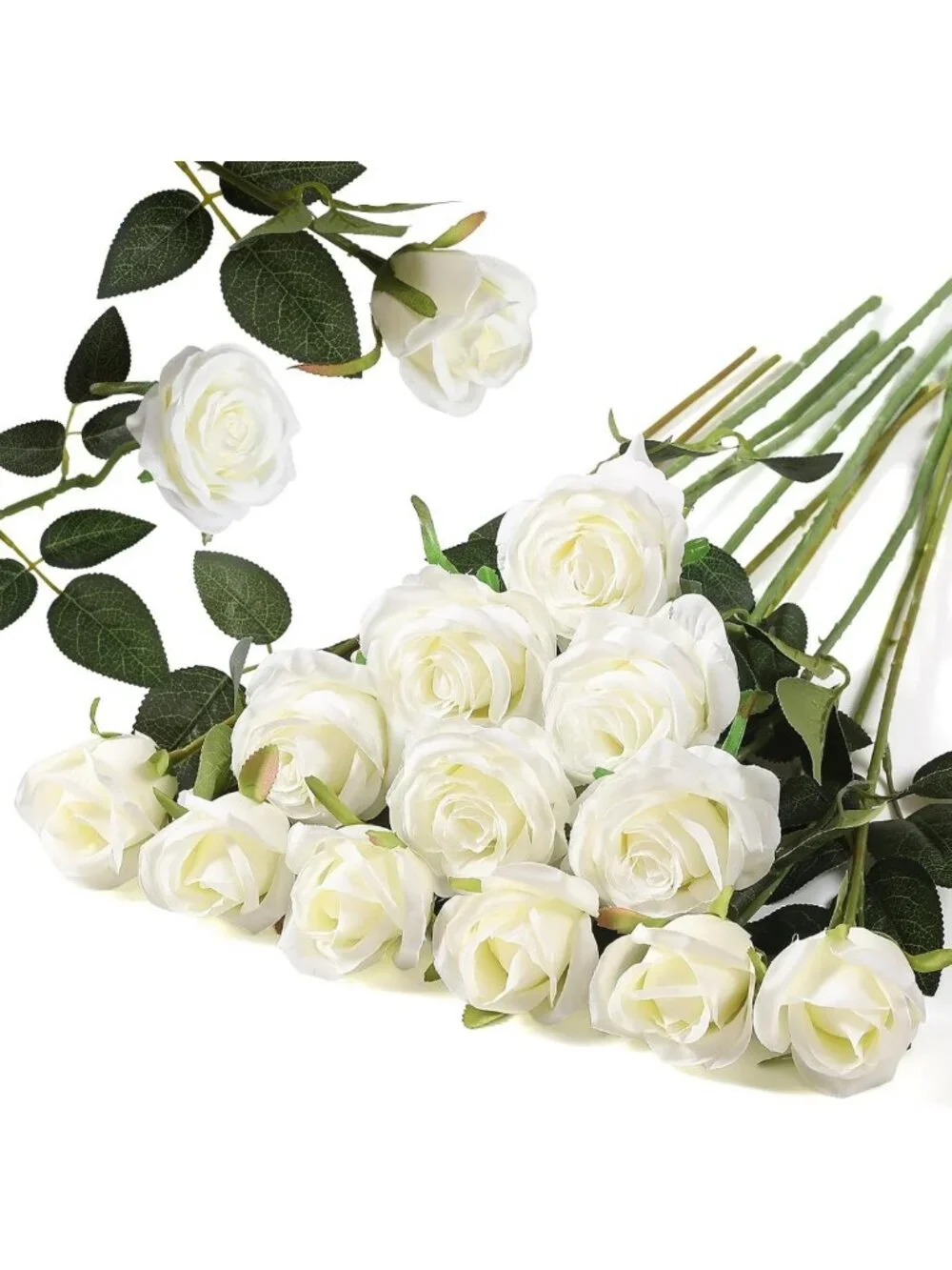 12PCS Realistic Silk Roses Bouquet - Long Stem White Flowers for Home & Wedding